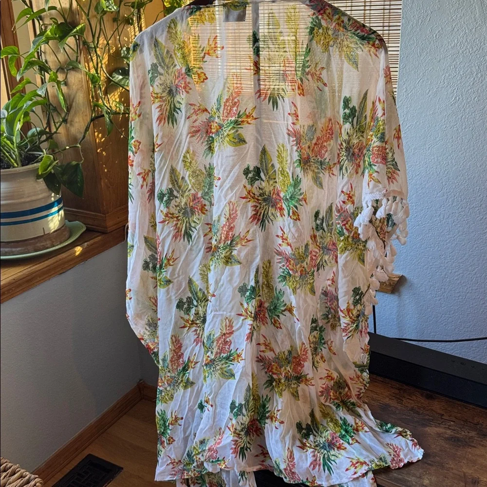 Free Press Green/White Tropical Wrap swimsuit cover up (OS) Fringe cruise ship